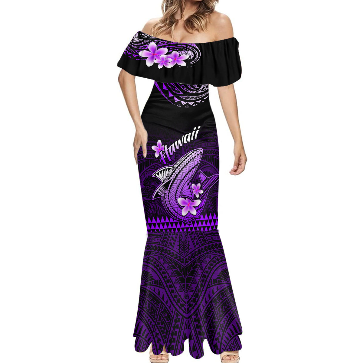 Hawaii Mermaid Dress Polynesian Shark with Kakau Purple Version - Wonder Print Shop