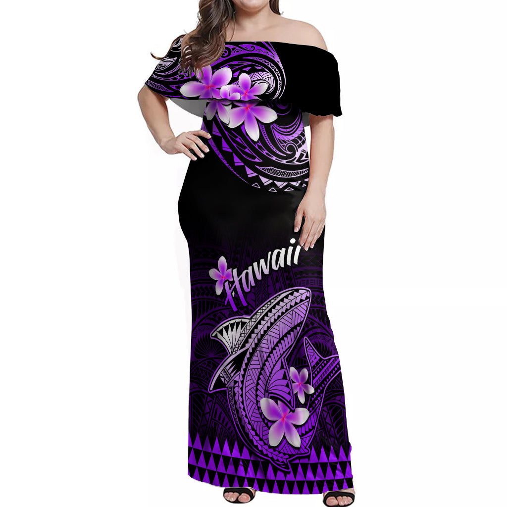 Hawaii Off Shoulder Maxi Dress Polynesian Shark with Kakau Purple Version - Wonder Print Shop