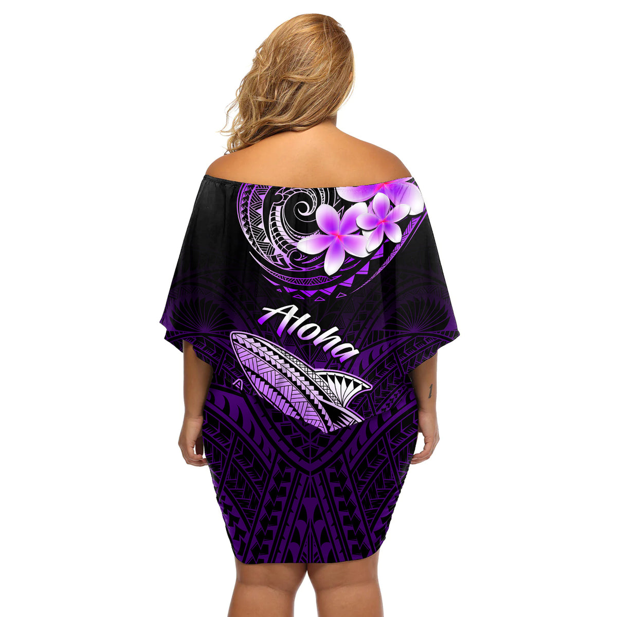 Hawaii Off Shoulder Short Dress Polynesian Shark with Kakau Purple Version - Wonder Print Shop