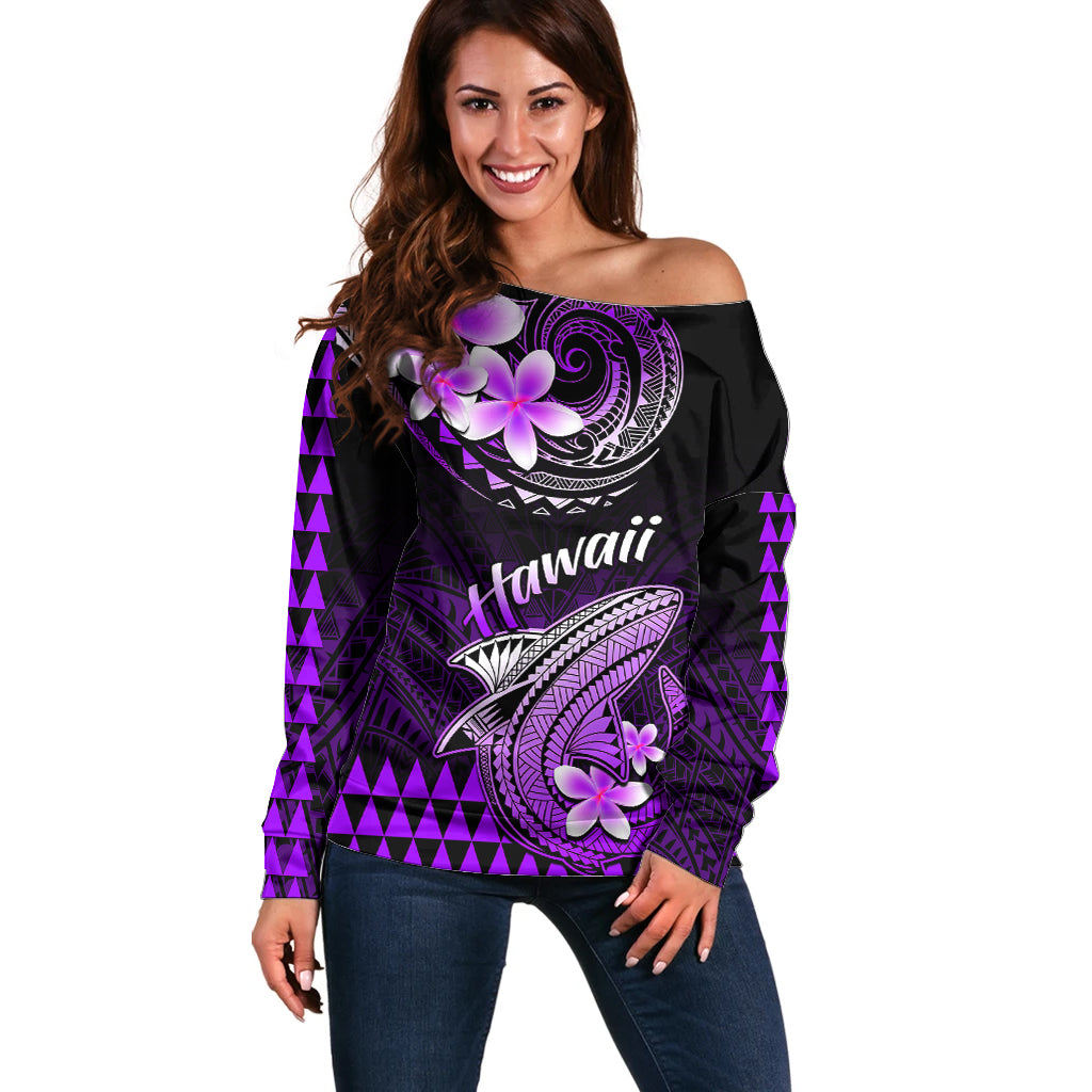Hawaii Off Shoulder Sweater Polynesian Shark with Kakau Purple Version - Wonder Print Shop
