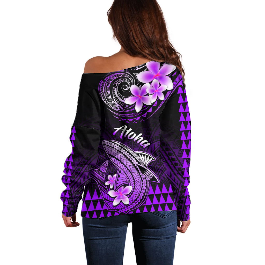 Hawaii Off Shoulder Sweater Polynesian Shark with Kakau Purple Version - Wonder Print Shop