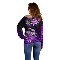 Hawaii Off Shoulder Sweater Polynesian Shark with Kakau Purple Version - Wonder Print Shop