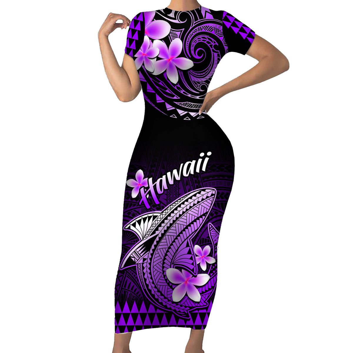 Hawaii Short Sleeve Bodycon Dress Polynesian Shark with Kakau Purple Version - Wonder Print Shop