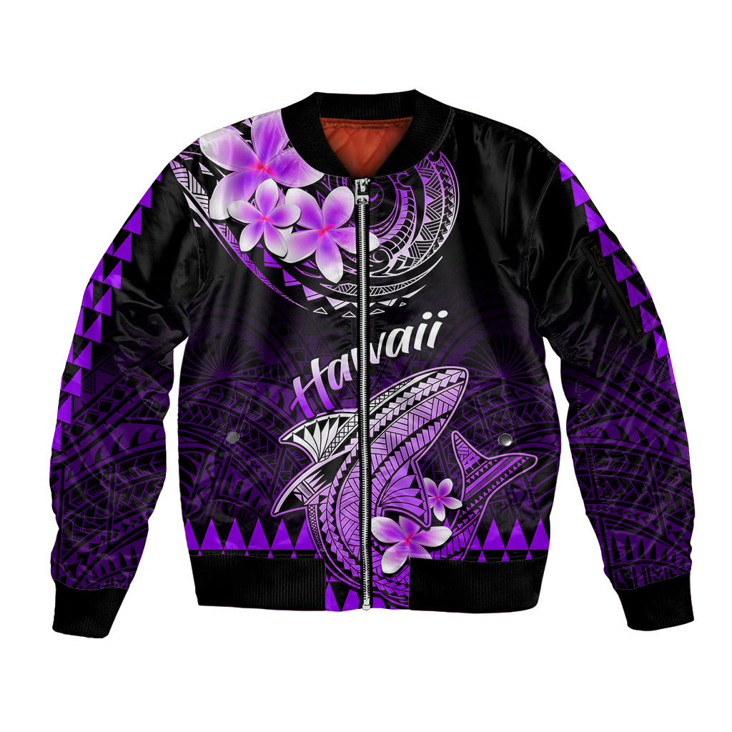 Hawaii Sleeve Zip Bomber Jacket Polynesian Shark with Kakau Purple Version - Wonder Print Shop