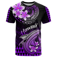 Hawaii T-shirt with purple floral shark and kakau pattern, black crew neck front