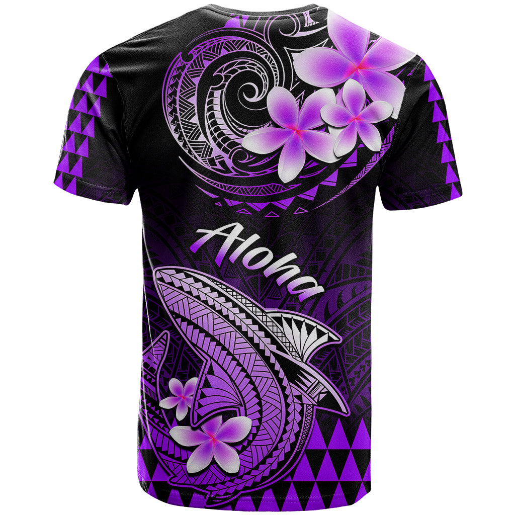 Hawaii T-shirt with purple floral shark and kakau pattern, black crew neck back