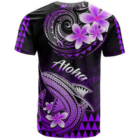 Hawaii T-shirt with purple floral shark and kakau pattern, black crew neck back
