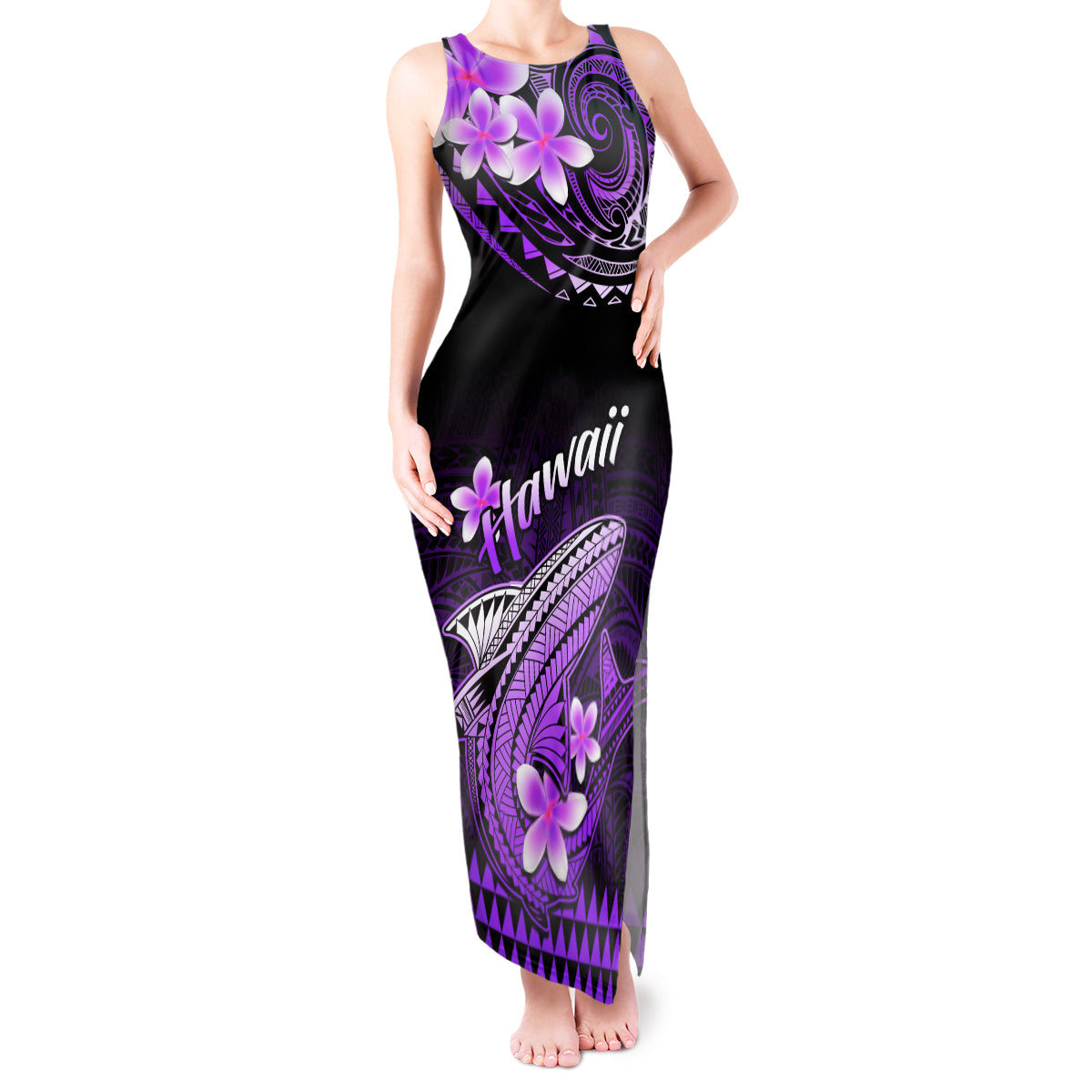 Hawaii Tank Maxi Dress Polynesian Shark with Kakau Purple Version - Wonder Print Shop