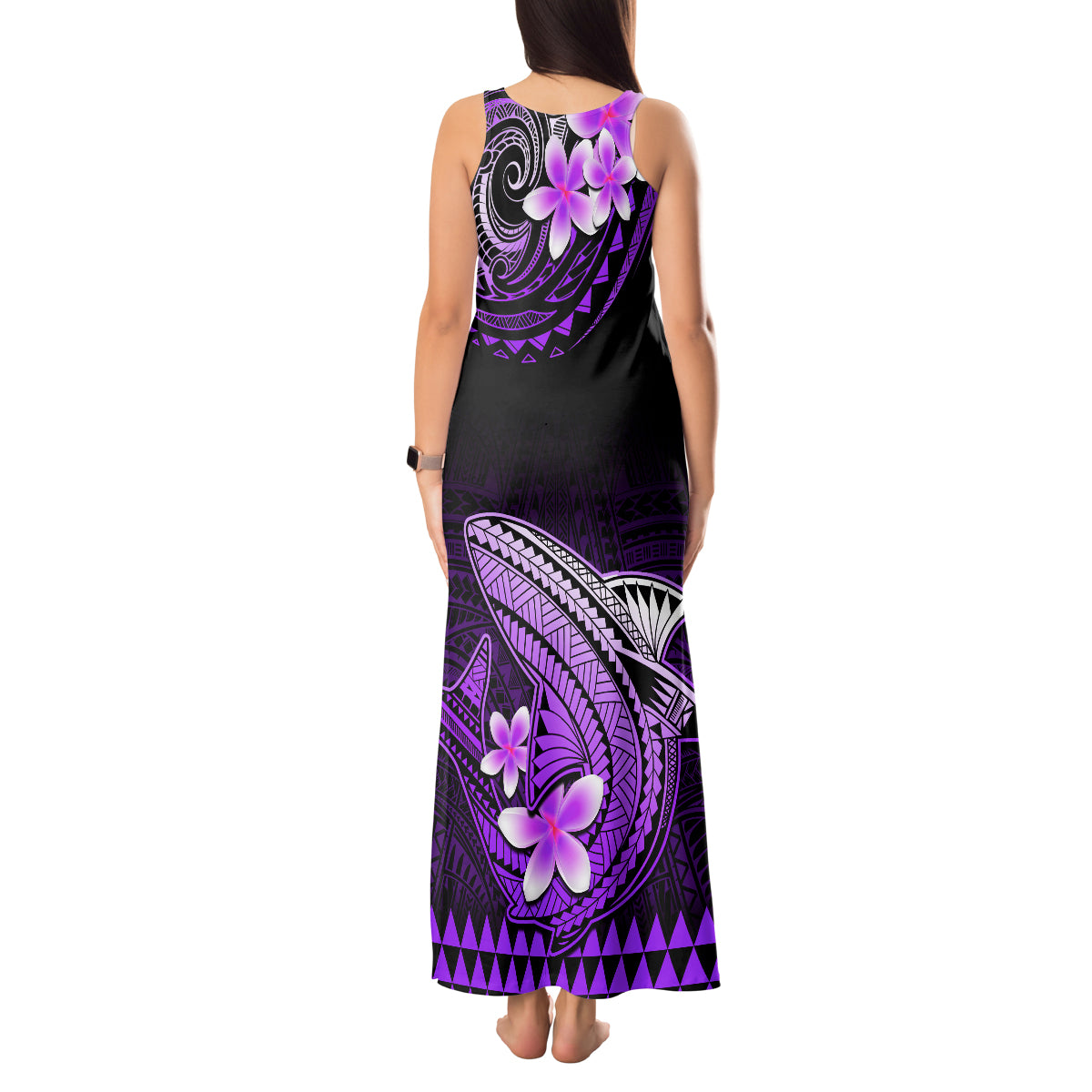 Hawaii Tank Maxi Dress Polynesian Shark with Kakau Purple Version - Wonder Print Shop