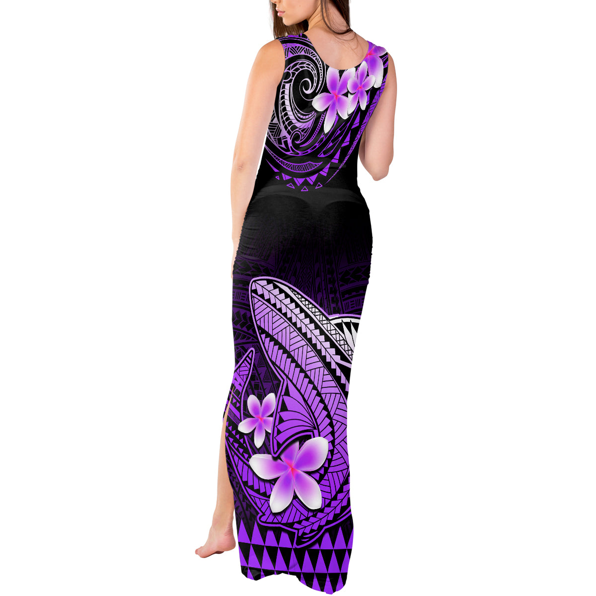 Hawaii Tank Maxi Dress Polynesian Shark with Kakau Purple Version - Wonder Print Shop