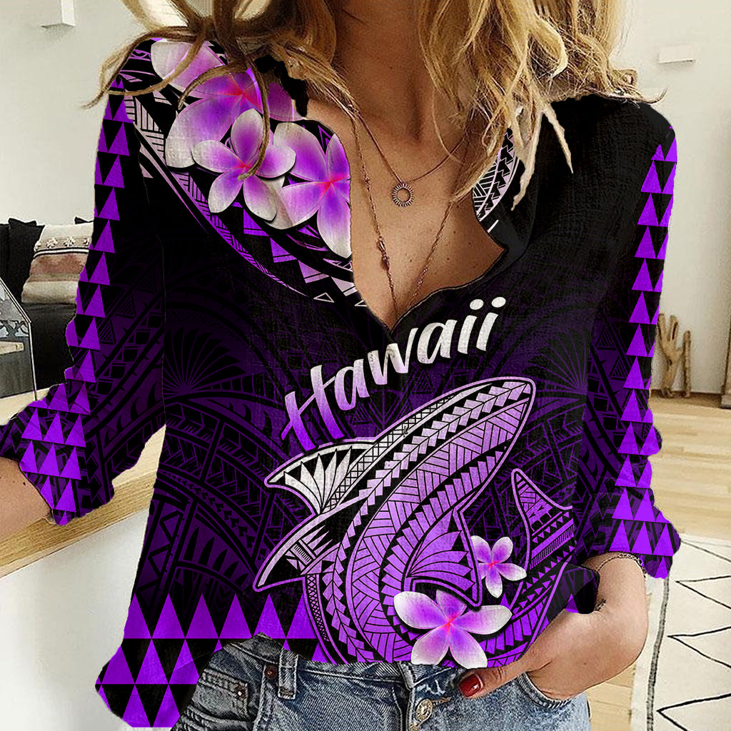 Hawaii Women Casual Shirt Polynesian Shark with Kakau Purple Version - Wonder Print Shop