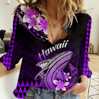 Hawaii Women Casual Shirt Polynesian Shark with Kakau Purple Version - Wonder Print Shop