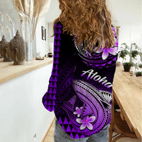 Hawaii Women Casual Shirt Polynesian Shark with Kakau Purple Version - Wonder Print Shop