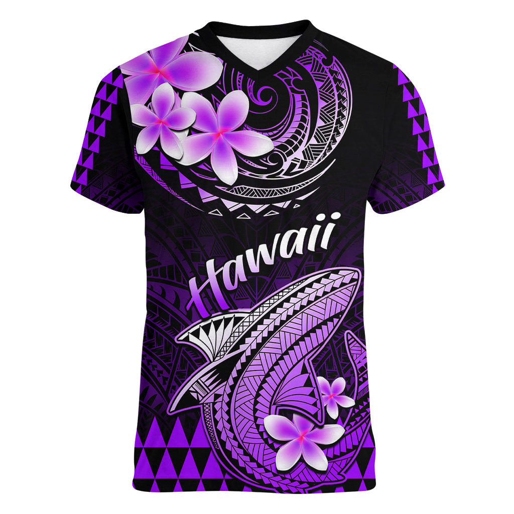 Hawaii Women V Neck T Shirt Polynesian Shark with Kakau Purple Version - Wonder Print Shop