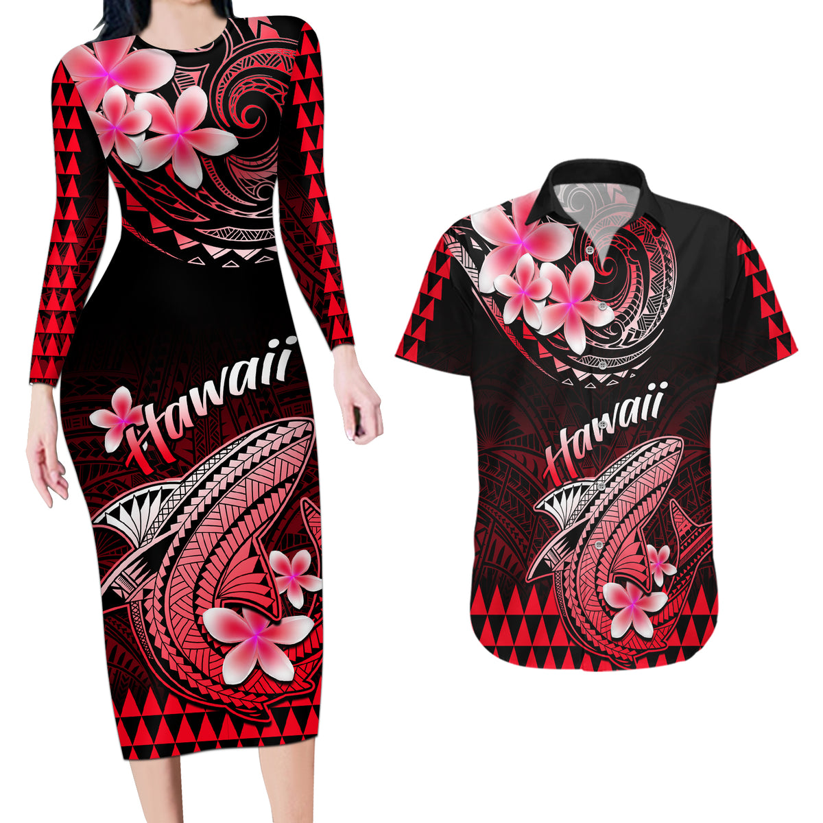 Hawaii Couples Matching Long Sleeve Bodycon Dress and Hawaiian Shirt Polynesian Shark with Kakau Red Version - Wonder Print Shop
