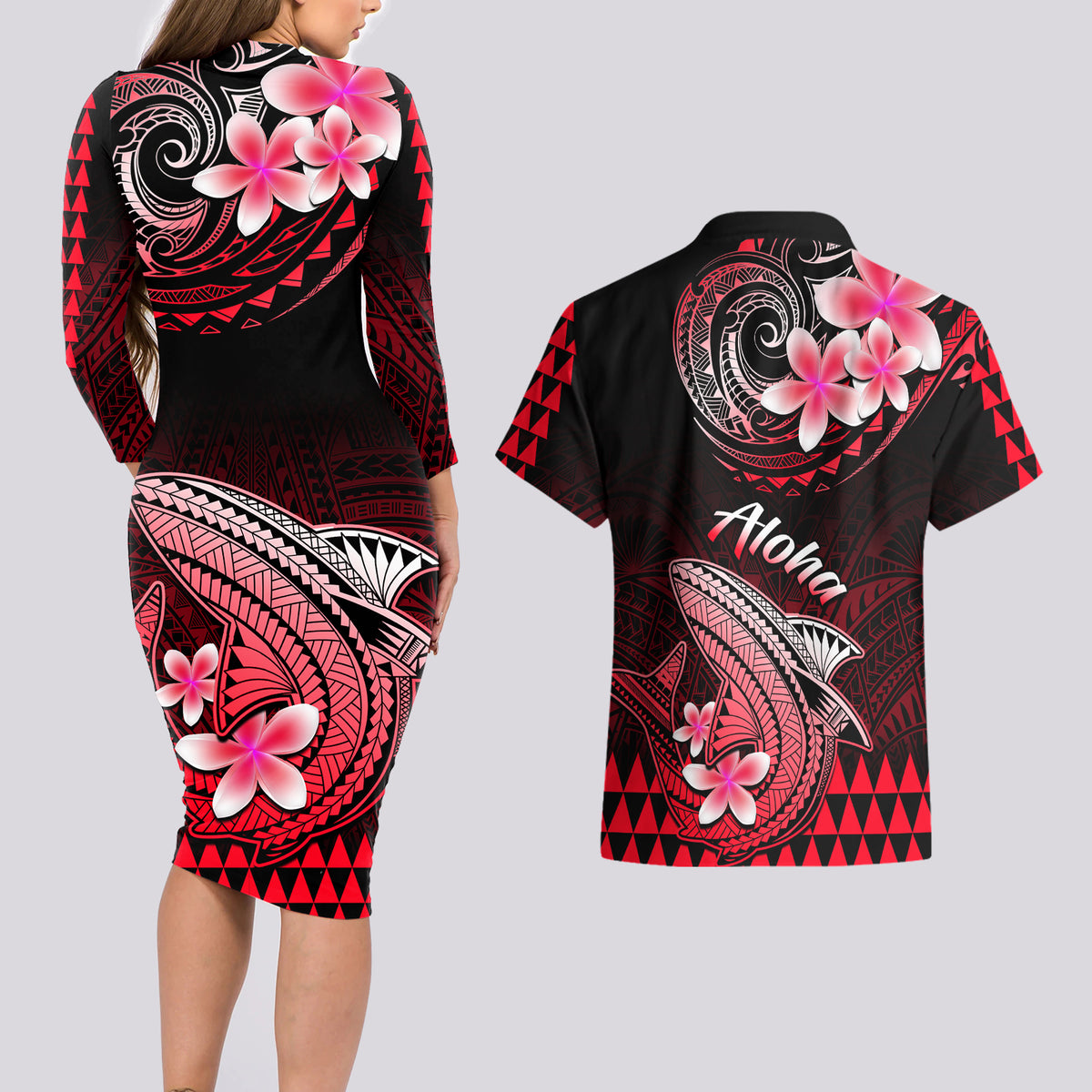 Hawaii Couples Matching Long Sleeve Bodycon Dress and Hawaiian Shirt Polynesian Shark with Kakau Red Version - Wonder Print Shop