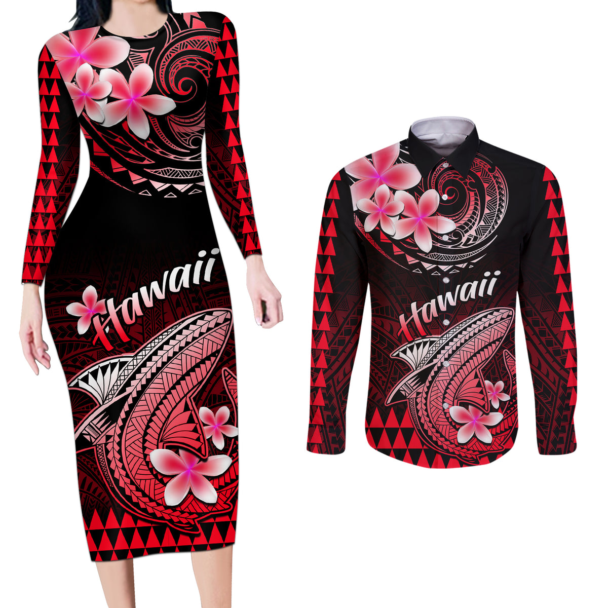 Hawaii Couples Matching Long Sleeve Bodycon Dress and Long Sleeve Button Shirts Polynesian Shark with Kakau Red Version - Wonder Print Shop