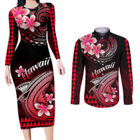 Hawaii Couples Matching Long Sleeve Bodycon Dress and Long Sleeve Button Shirts Polynesian Shark with Kakau Red Version - Wonder Print Shop