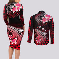 Hawaii Couples Matching Long Sleeve Bodycon Dress and Long Sleeve Button Shirts Polynesian Shark with Kakau Red Version - Wonder Print Shop