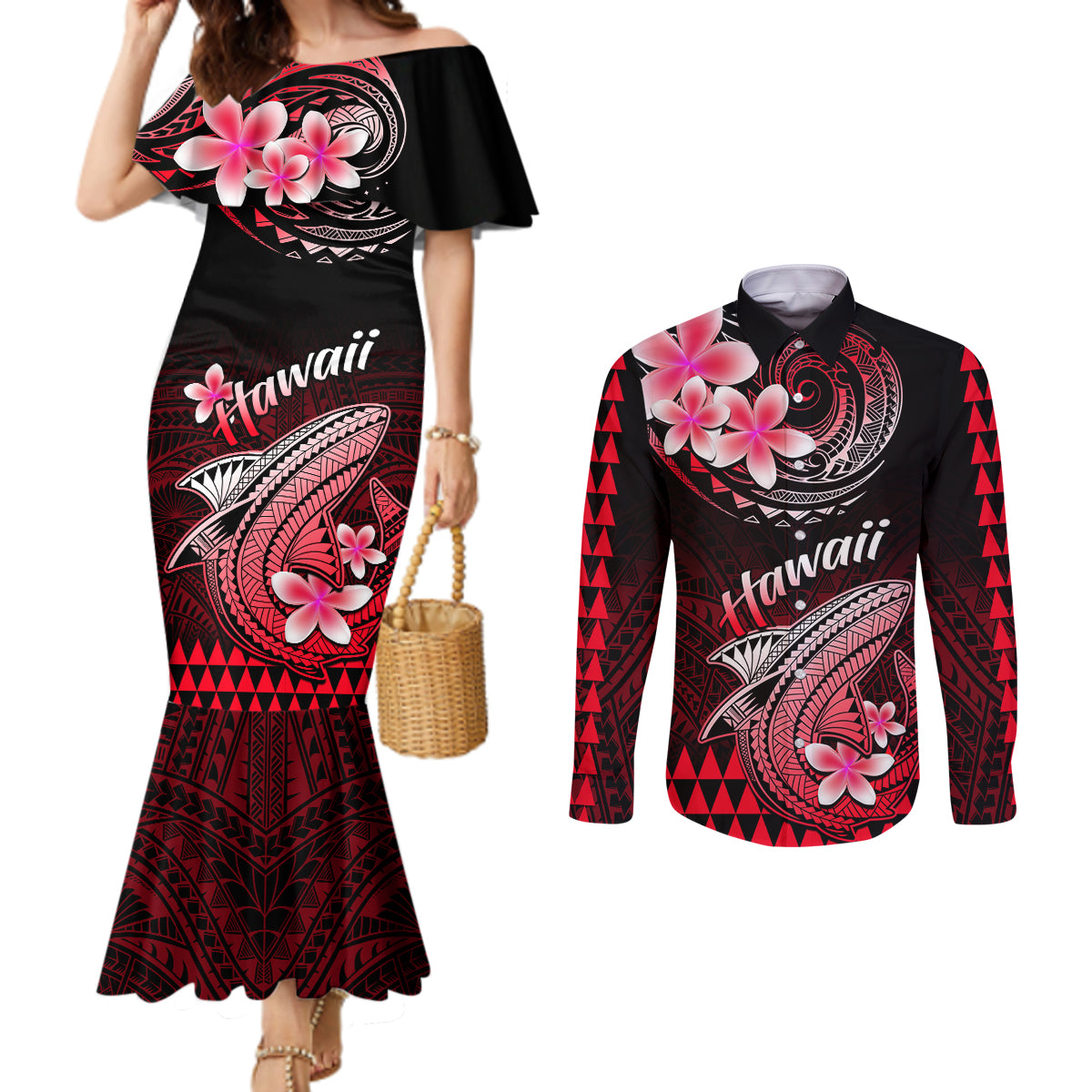 hawaii-couples-matching-mermaid-dress-and-long-sleeve-button-shirts-polynesian-shark-with-kakau-red-version