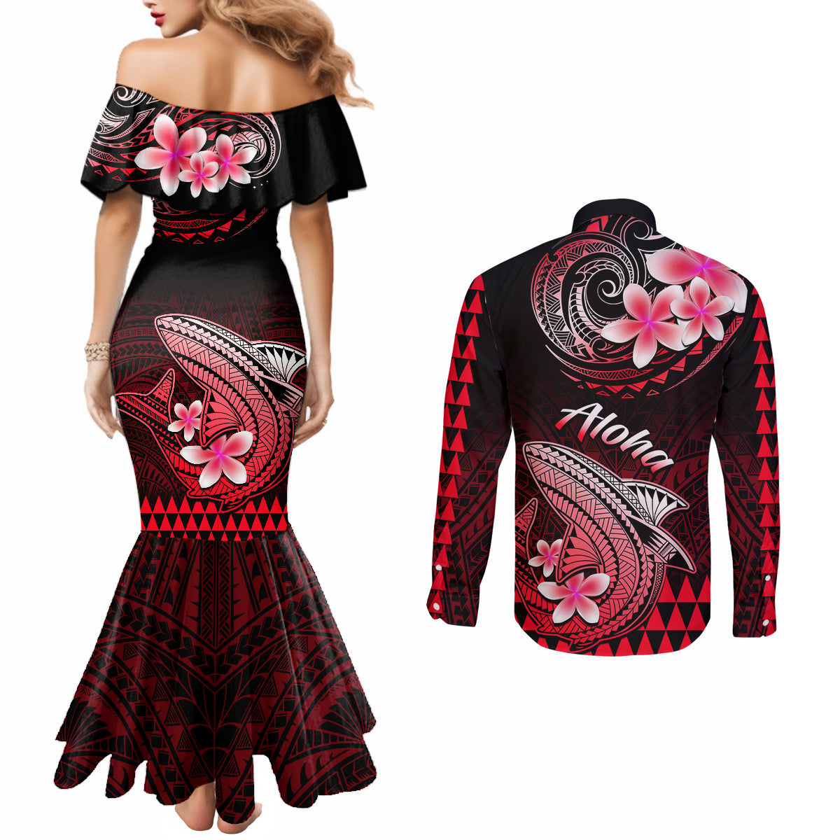 hawaii-couples-matching-mermaid-dress-and-long-sleeve-button-shirts-polynesian-shark-with-kakau-red-version