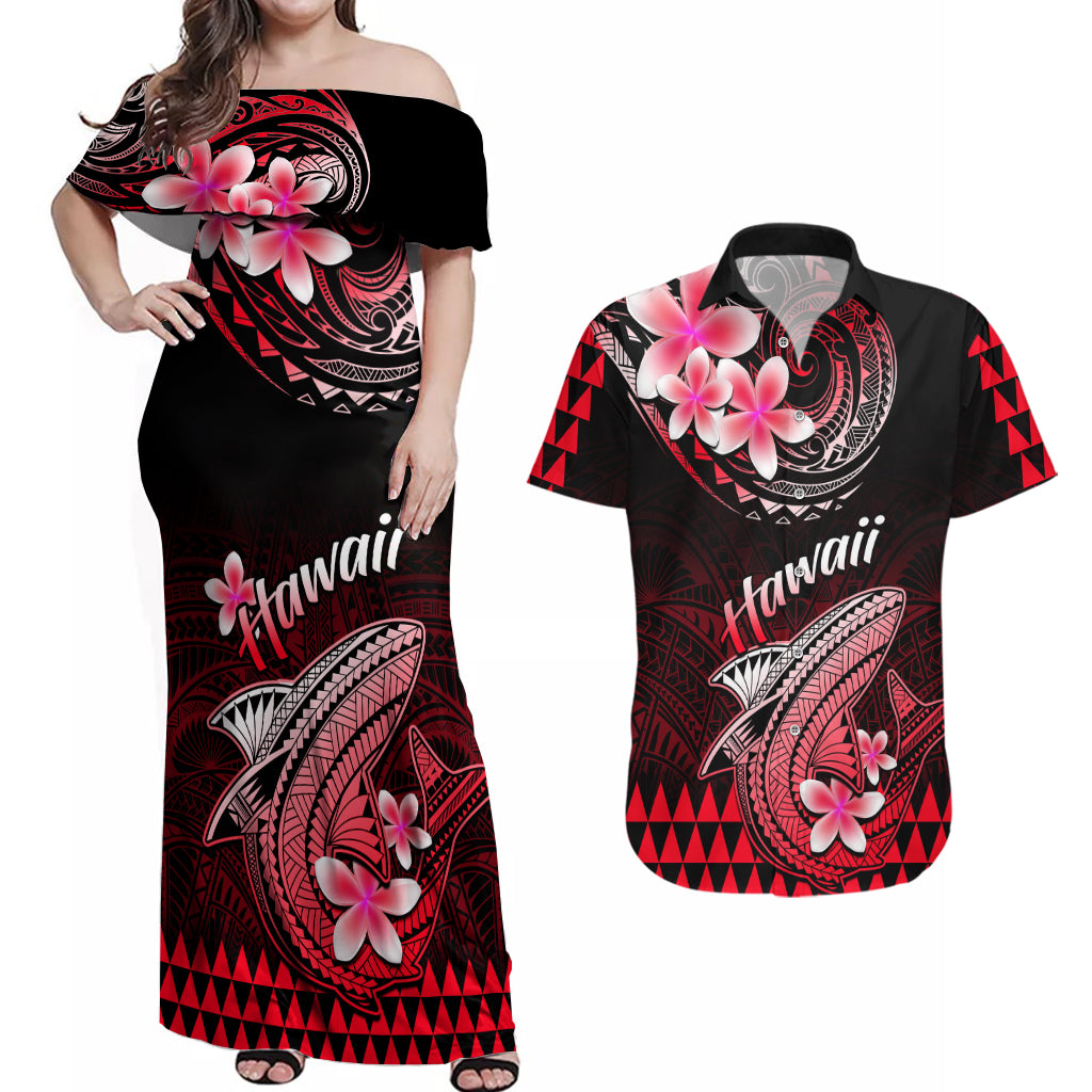 Hawaii Couples Matching Off Shoulder Maxi Dress and Hawaiian Shirt Polynesian Shark with Kakau Red Version - Wonder Print Shop