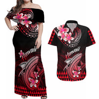Hawaii Couples Matching Off Shoulder Maxi Dress and Hawaiian Shirt Polynesian Shark with Kakau Red Version - Wonder Print Shop