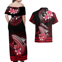 Hawaii Couples Matching Off Shoulder Maxi Dress and Hawaiian Shirt Polynesian Shark with Kakau Red Version - Wonder Print Shop