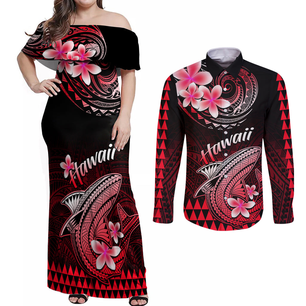 Hawaii Couples Matching Off Shoulder Maxi Dress and Long Sleeve Button Shirts Polynesian Shark with Kakau Red Version - Wonder Print Shop