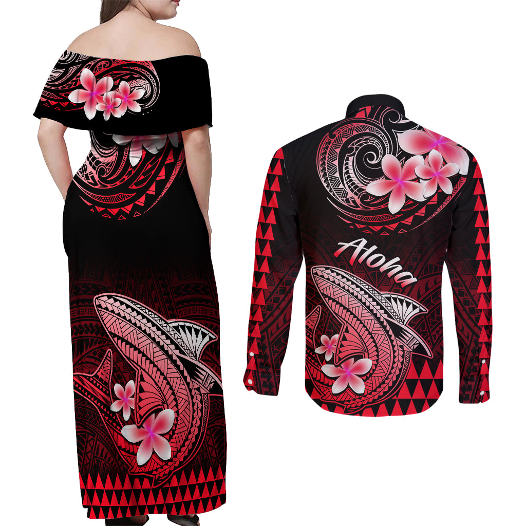 Hawaii Couples Matching Off Shoulder Maxi Dress and Long Sleeve Button Shirts Polynesian Shark with Kakau Red Version - Wonder Print Shop