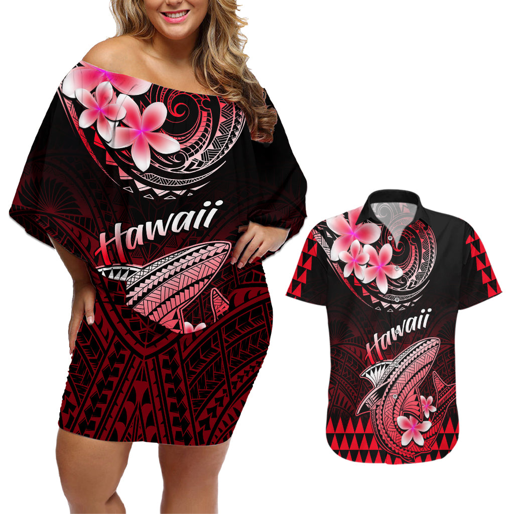 Hawaii Couples Matching Off Shoulder Short Dress and Hawaiian Shirt Polynesian Shark with Kakau Red Version - Wonder Print Shop