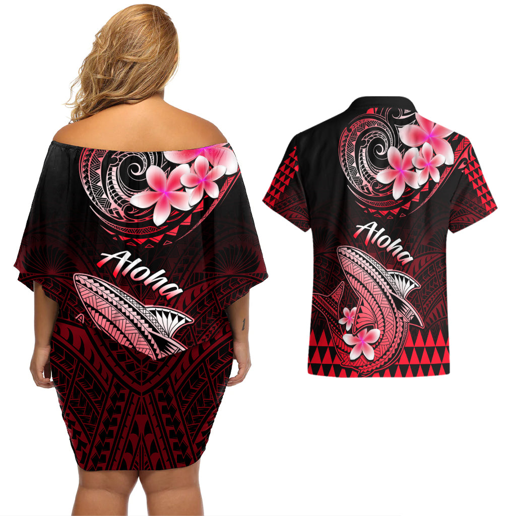 Hawaii Couples Matching Off Shoulder Short Dress and Hawaiian Shirt Polynesian Shark with Kakau Red Version - Wonder Print Shop