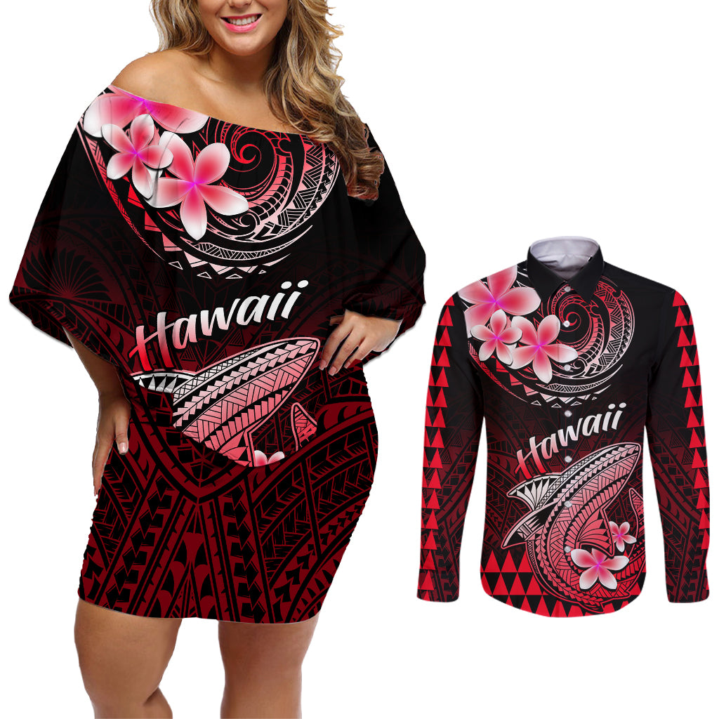 Hawaii Couples Matching Off Shoulder Short Dress and Long Sleeve Button Shirts Polynesian Shark with Kakau Red Version - Wonder Print Shop