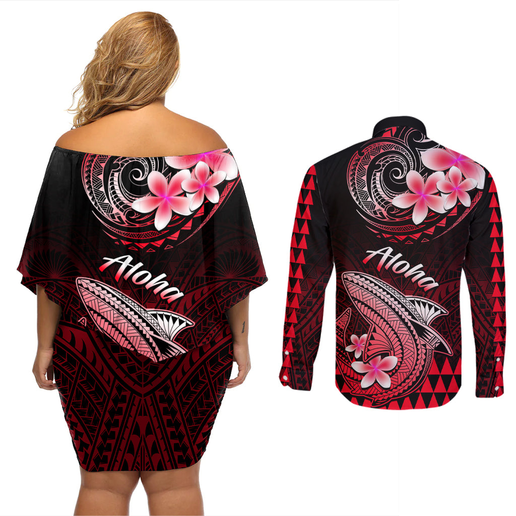 Hawaii Couples Matching Off Shoulder Short Dress and Long Sleeve Button Shirts Polynesian Shark with Kakau Red Version - Wonder Print Shop
