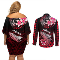 Hawaii Couples Matching Off Shoulder Short Dress and Long Sleeve Button Shirts Polynesian Shark with Kakau Red Version - Wonder Print Shop