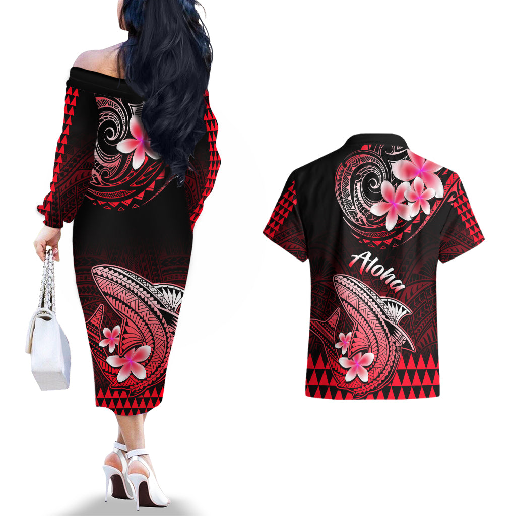 Hawaii Couples Matching Off The Shoulder Long Sleeve Dress and Hawaiian Shirt Polynesian Shark with Kakau Red Version - Wonder Print Shop