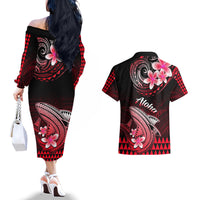 Hawaii Couples Matching Off The Shoulder Long Sleeve Dress and Hawaiian Shirt Polynesian Shark with Kakau Red Version - Wonder Print Shop