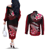 hawaii-couples-matching-off-the-shoulder-long-sleeve-dress-and-long-sleeve-button-shirts-polynesian-shark-with-kakau-red-version