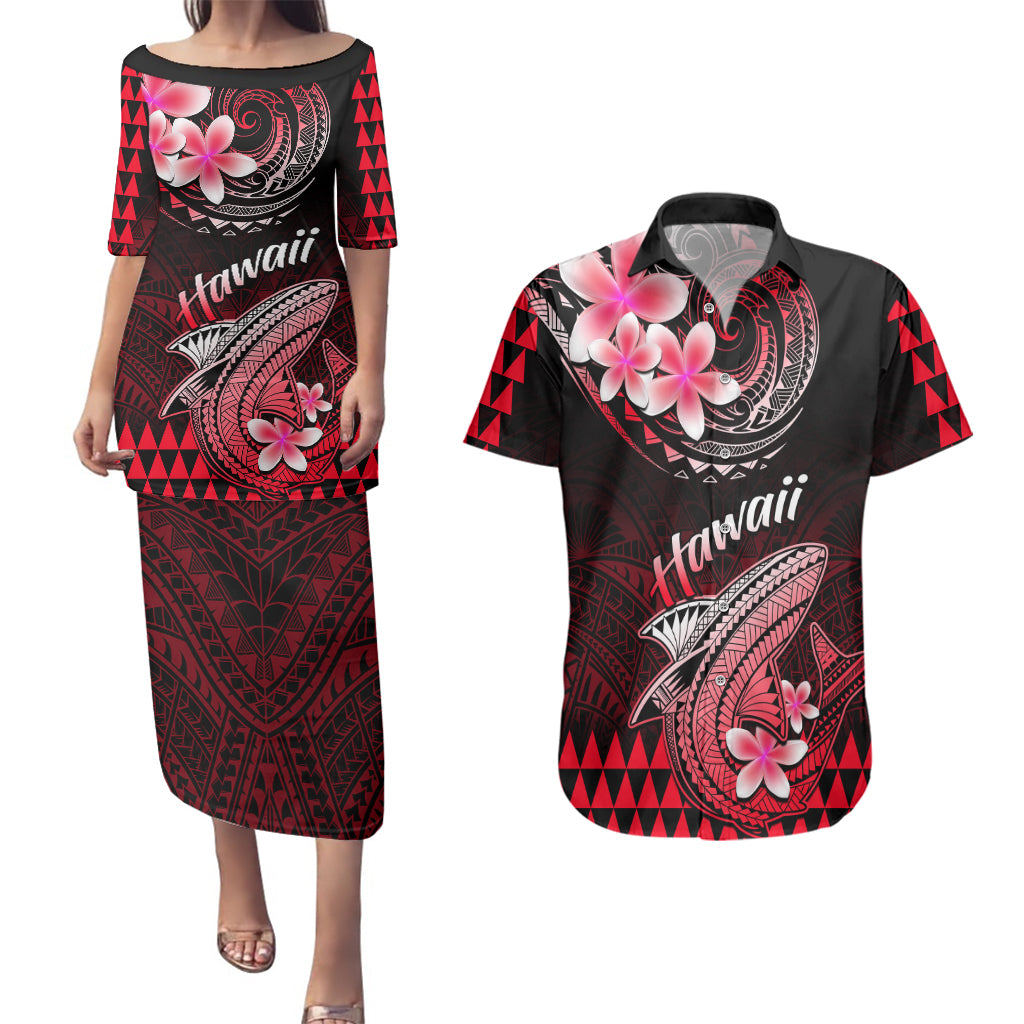 Hawaii Couples Matching Puletasi Dress and Hawaiian Shirt Polynesian Shark with Kakau Red Version - Wonder Print Shop