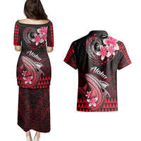 Hawaii Couples Matching Puletasi Dress and Hawaiian Shirt Polynesian Shark with Kakau Red Version - Wonder Print Shop