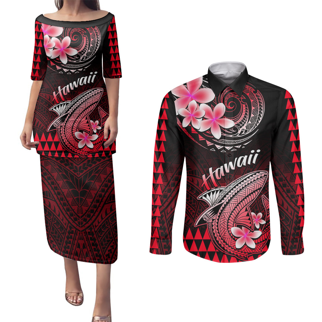 Hawaii Couples Matching Puletasi Dress and Long Sleeve Button Shirts Polynesian Shark with Kakau Red Version - Wonder Print Shop