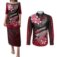 Hawaii Couples Matching Puletasi Dress and Long Sleeve Button Shirts Polynesian Shark with Kakau Red Version - Wonder Print Shop