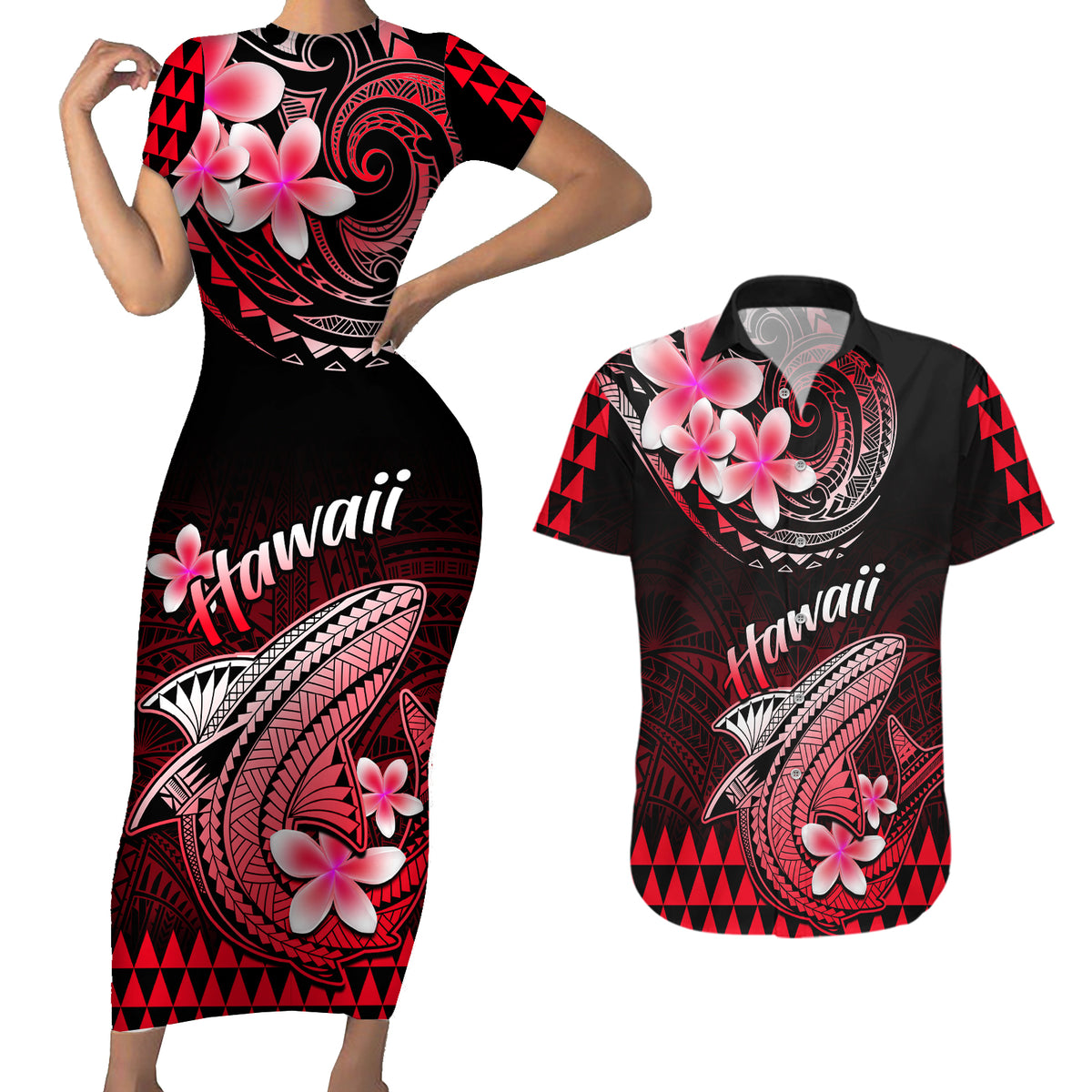 Hawaii Couples Matching Short Sleeve Bodycon Dress and Hawaiian Shirt Polynesian Shark with Kakau Red Version - Wonder Print Shop