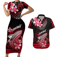 Hawaii Couples Matching Short Sleeve Bodycon Dress and Hawaiian Shirt Polynesian Shark with Kakau Red Version - Wonder Print Shop