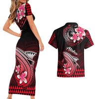 Hawaii Couples Matching Short Sleeve Bodycon Dress and Hawaiian Shirt Polynesian Shark with Kakau Red Version - Wonder Print Shop