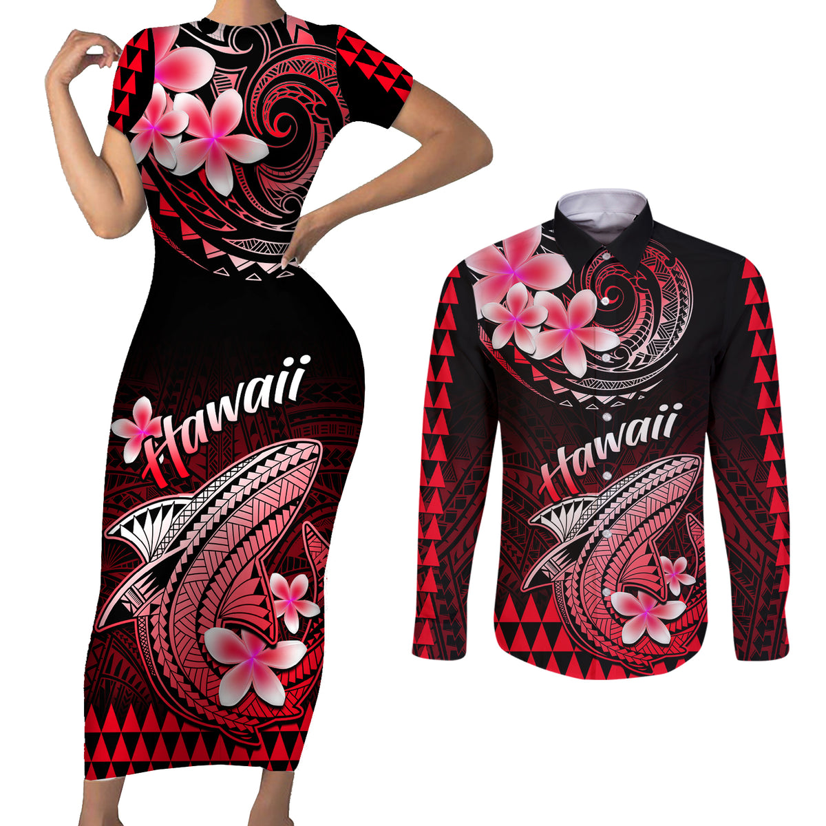 Hawaii Couples Matching Short Sleeve Bodycon Dress and Long Sleeve Button Shirts Polynesian Shark with Kakau Red Version - Wonder Print Shop