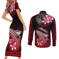 Hawaii Couples Matching Short Sleeve Bodycon Dress and Long Sleeve Button Shirts Polynesian Shark with Kakau Red Version - Wonder Print Shop