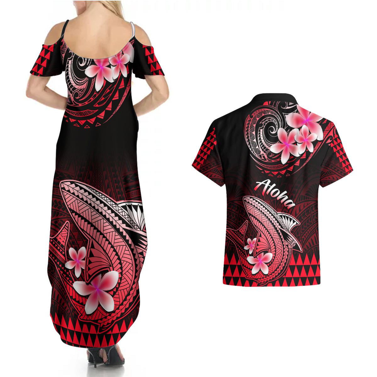 Hawaii Couples Matching Summer Maxi Dress and Hawaiian Shirt Polynesian Shark with Kakau Red Version - Wonder Print Shop