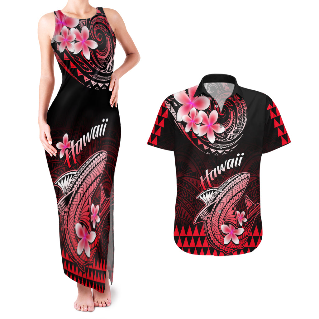 Hawaii Couples Matching Tank Maxi Dress and Hawaiian Shirt Polynesian Shark with Kakau Red Version - Wonder Print Shop