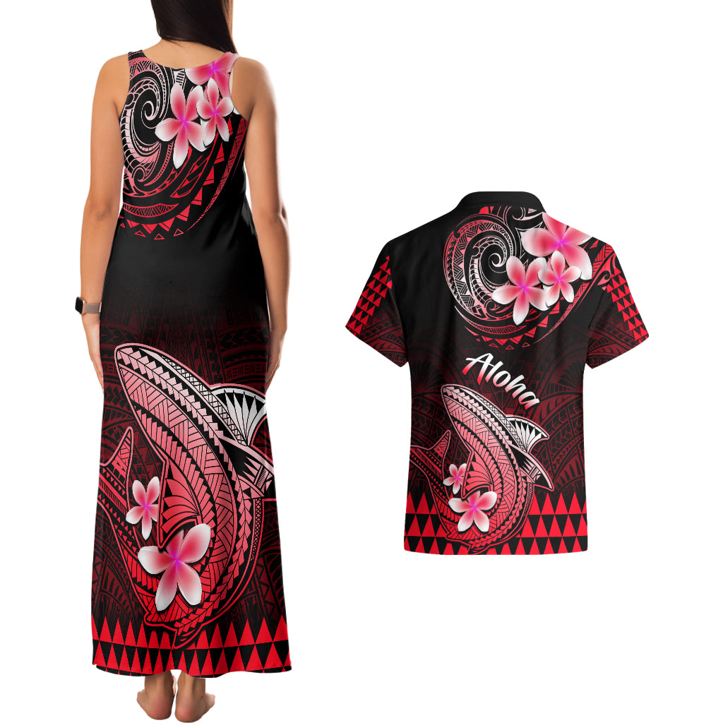 Hawaii Couples Matching Tank Maxi Dress and Hawaiian Shirt Polynesian Shark with Kakau Red Version - Wonder Print Shop